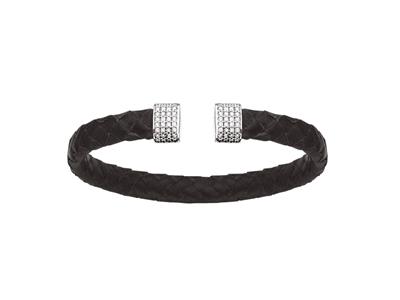 Bracelet Jonc cuir noir avec Oxydes de zirconium 7 mm, 58 x 48 mm, Argent 925 Rh - Image Standard - 1