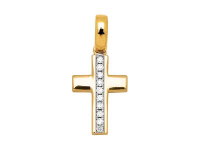 Pendentif Croix sur bélière ligne, diamants 0,05ct, Or jaune 18k - Image Standard - 1